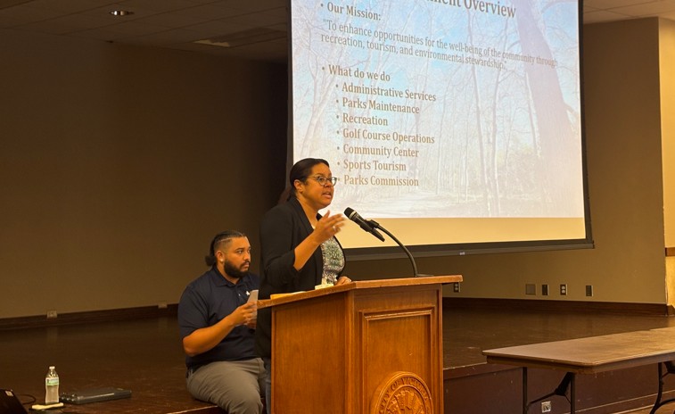 Lisa Wube, Director of Victoria’s Parks and Recreation department gave a presentation at the Victoria Police Department’s monthly Lunch and Learn on Wednesday. (Madison O’Hara/Victoria Advocate)
